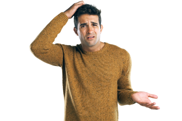Person in a brown sweater with a confused expression